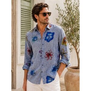 Haupt Floral Linen Cotton Blend Button Down Shirt Blue Artistic Relaxed Fit M